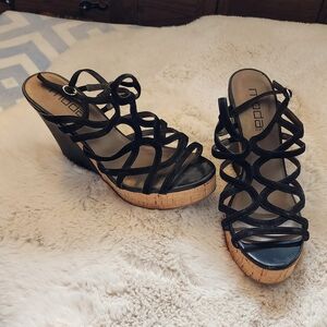 ModCloth Black Strappy Cork Wedge Sandals